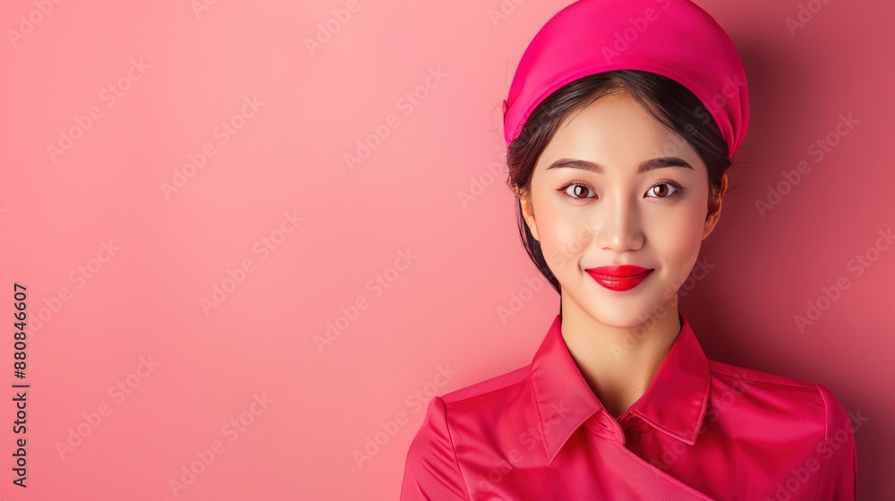Medium shot of Thailand flight attendant on solid color background Medium shot of Thailand flight attendant on solid color background