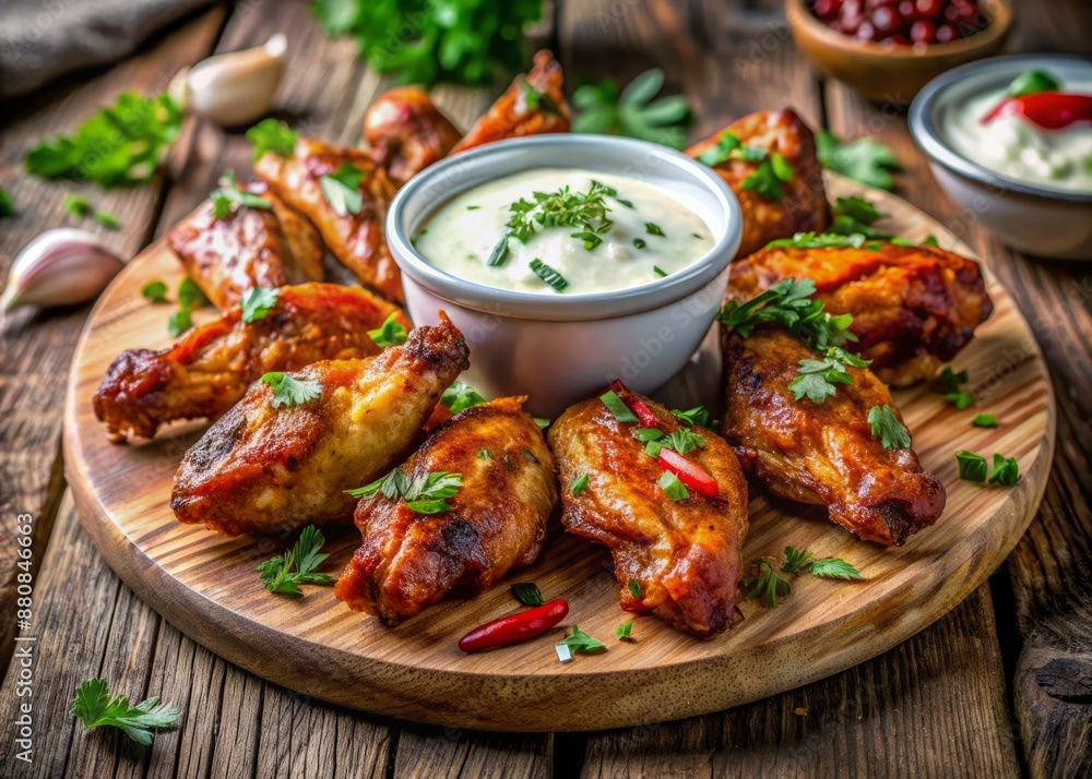 Vibrant and appetizing sweet and spicy chicken wings served with creamy ranch dressing, garnished with fresh herbs, on a rustic wooden table with copy space. Vibrant and appetizing sweet and spicy chicken wings served with creamy ranch dressing, garnished with fresh herbs, on a rustic wooden table with copy space.