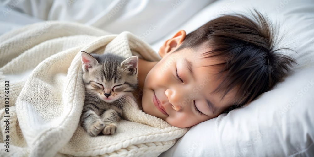 Adorable little Asian boy snoozes peacefully alongside his grey kitten friend, snuggled up in a white blanket on a plush white pillow, pure innocence. Adorable little Asian boy snoozes peacefully alongside his grey kitten friend, snuggled up in a white blanket on a plush white pillow, pure innocence.