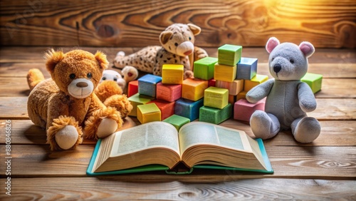 A child's Bible lies open on a wooden table, surrounded by soft toy animals and colorful blocks, evoking a sense of innocence and quiet contemplation. photo