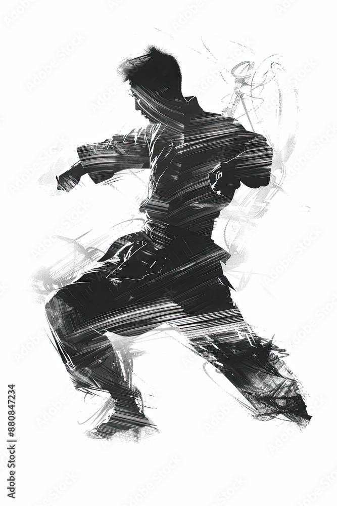 A black and white sketch of a person practicing martial arts A black and white sketch of a person practicing martial arts