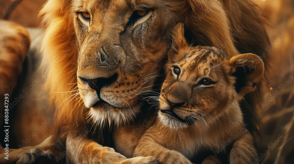 Fototapeta premium lion family The lion catches the lion cub with its paws.
