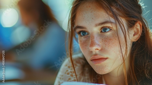 Thoughtful Young Woman with Freckles and Blue Eyes in Sunlit Room