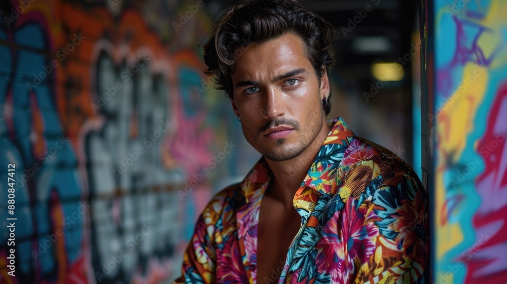 Confident Urban Male Model Posing Against Graffiti Background Confident Urban Male Model Posing Against Graffiti Background