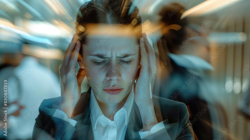Overwhelmed Business Person in Crisis Mode at Modern Office with Blurred Colleagues Background Overwhelmed Business Person in Crisis Mode at Modern Office with Blurred Colleagues Background