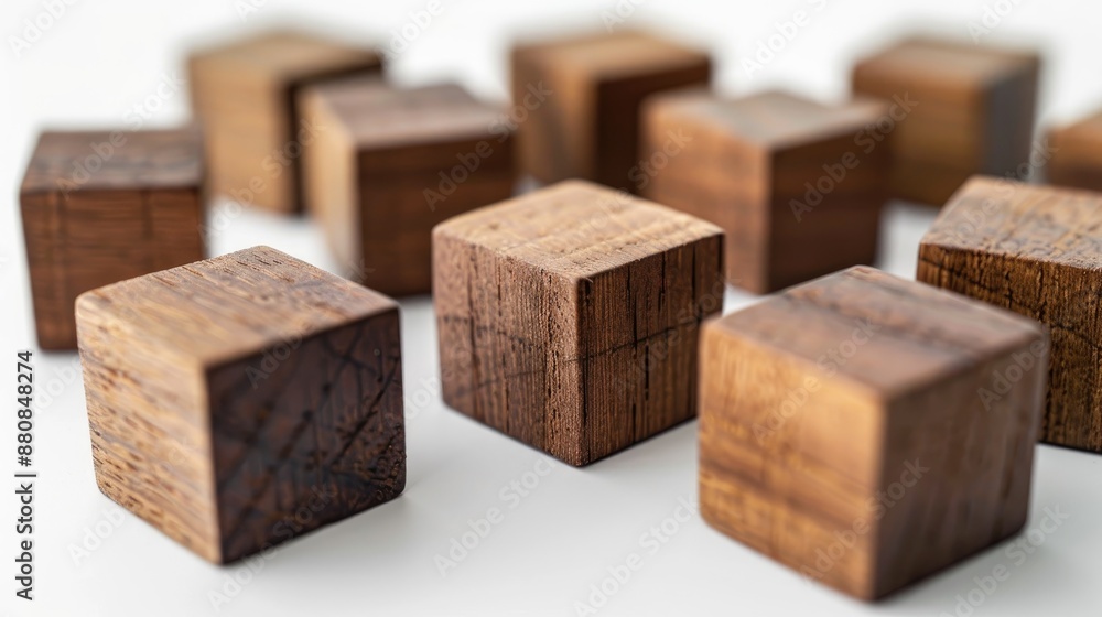 Wooden cube puzzle blocks on white background close up shot with blurred effect and empty space Wooden cube puzzle blocks on white background close up shot with blurred effect and empty space