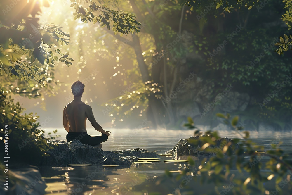 A man practicing mindfulness and meditation or yoga in a peaceful natural environment realistic image, ultra hd, high design very detailed A man practicing mindfulness and meditation or yoga in a peaceful natural environment realistic image, ultra hd, high design very detailed