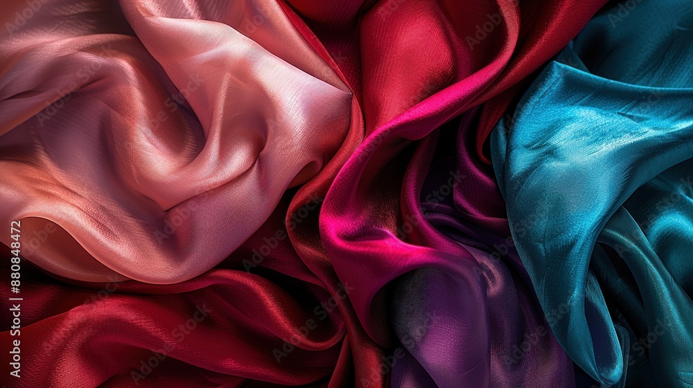 Obraz premium Close Up of Draped Pink, Red, Purple, and Blue Silk Fabric