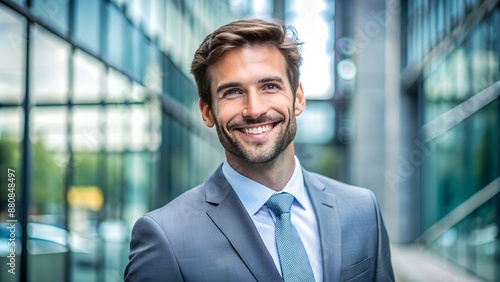 Young businessman in a suit smiling confidently outdoors with office buildings in the background reflecting modern corporate environment.