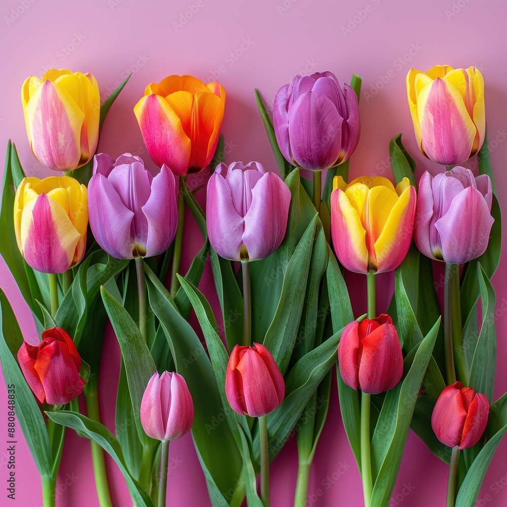A vibrant collection of colorful tulips arranged on a pink background, showcasing the beauty of spring flowers.