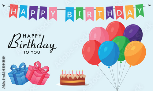 "Happy birthday to you" typography with bunch of balloons, cake, gift box decoration element for birth day celebration