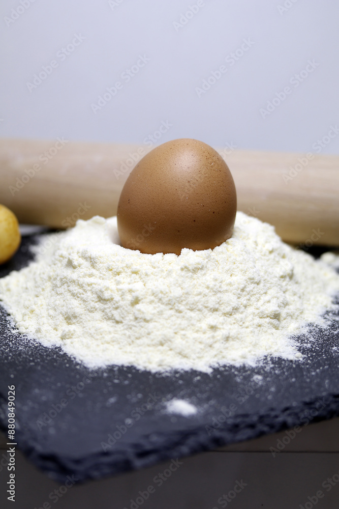 bodegón de huevo de gallina encima de montón de harina en una tabla de pizarra bodegón de huevo de gallina encima de montón de harina en una tabla de pizarra