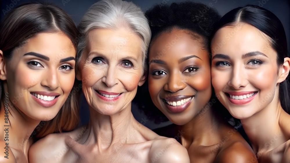 Fototapeta premium Portrait of four diverse women with beautiful smiles, representing different generations and backgrounds, showcasing natural beauty and radiant skin.