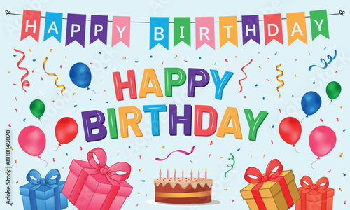 Happy Birthday typography with birthday balloons, cake, gift box and confetti decoration element for birth day celebration