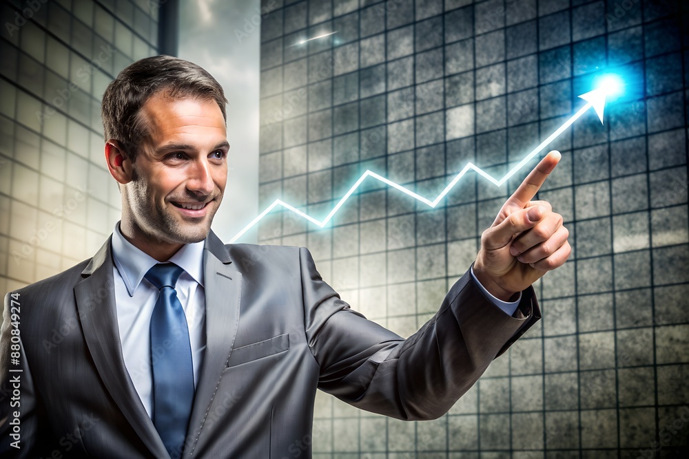 Smiling businessman in suit pointing at glowing upward trend graph in modern cityscape. Concept of growth, success, and business achievement. Smiling businessman in suit pointing at glowing upward trend graph in modern cityscape. Concept of growth, success, and business achievement.