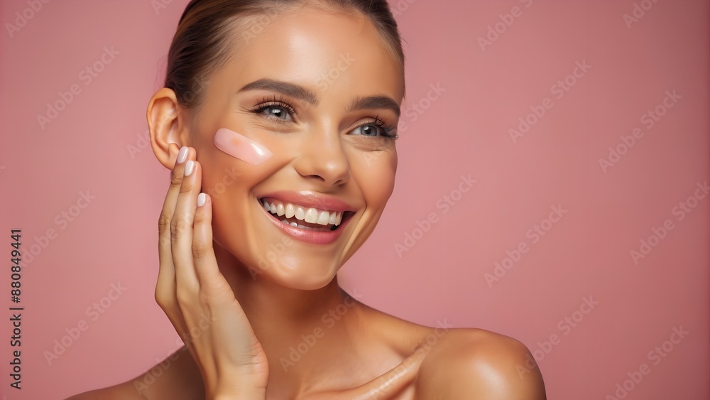 Smiling woman with radiant skin applies facial cream on her cheek, showcasing skincare routine and beauty on a pink background Smiling woman with radiant skin applies facial cream on her cheek, showcasing skincare routine and beauty on a pink background