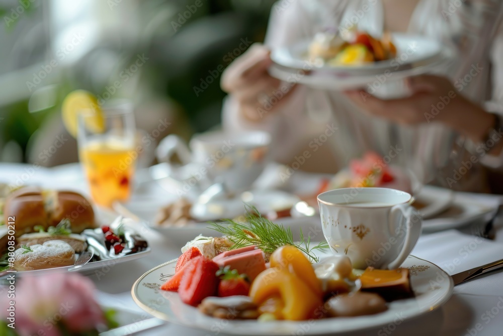 Elegantly arranged breakfast with a variety of delicious food items such as pastries, fruit, and coffee, depicting a serene and luxurious dining experience. Elegantly arranged breakfast with a variety of delicious food items such as pastries, fruit, and coffee, depicting a serene and luxurious dining experience.