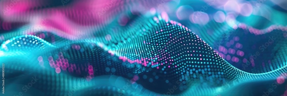 Digital hologram design featuring swirling particle wave with bright, colorful dots and gradient hues. Hologram dynamic wave of particles Digital hologram design featuring swirling particle wave with bright, colorful dots and gradient hues. Hologram dynamic wave of particles