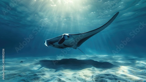 Majestic manta ray swimming gracefully underwater in sunlight