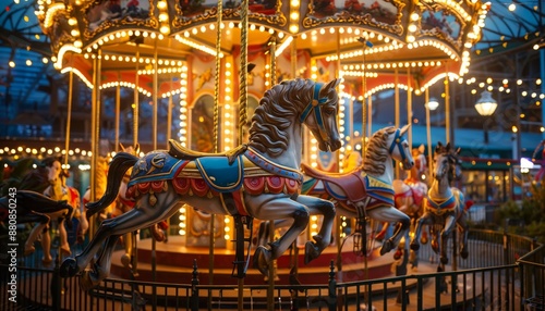 Whimsical carousel event with colorful horses, vintage carnival lights, and festive atmosphere.