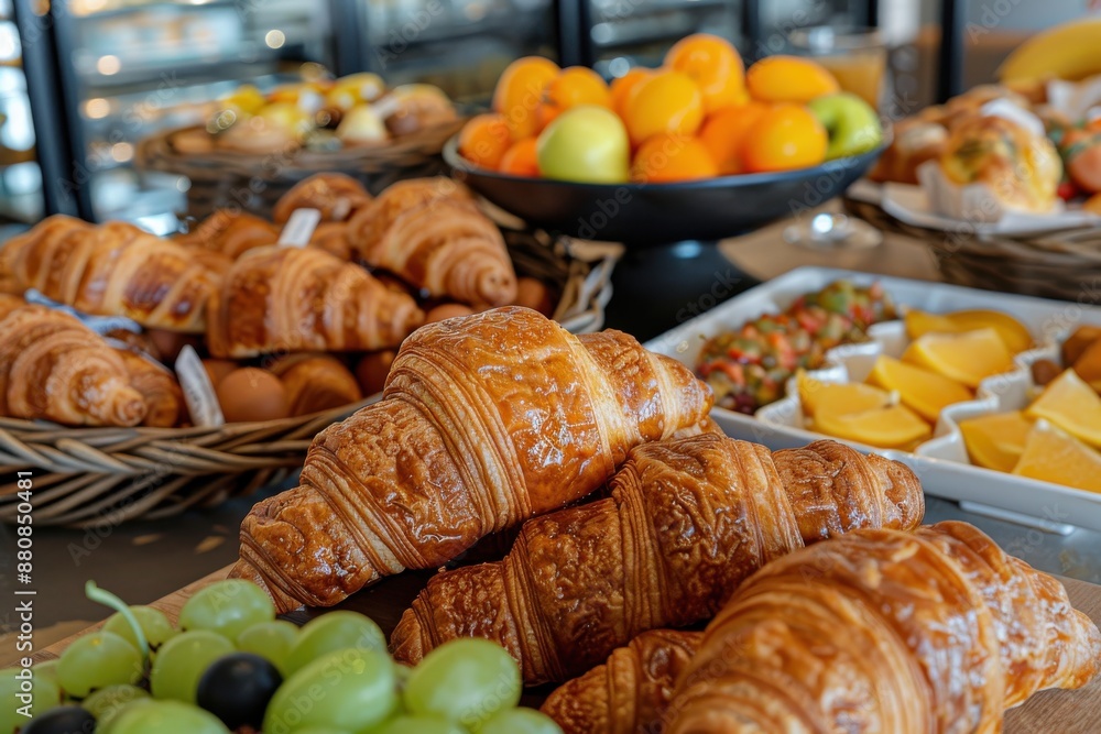 A tempting display of croissants, fruits, and refreshing drinks on a table, capturing a vibrant and tasty breakfast setup. Ideal for hospitality or culinary presentations. A tempting display of croissants, fruits, and refreshing drinks on a table, capturing a vibrant and tasty breakfast setup. Ideal for hospitality or culinary presentations.