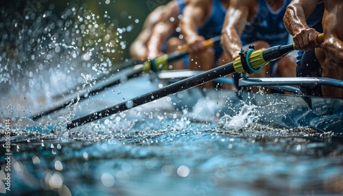 Medium shot of rower powering through the water, their muscular physique and synchronized teamwork on display