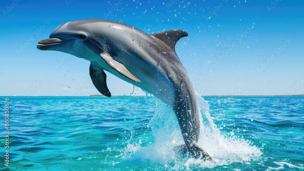 Naklejka premium Dolphin jumps out of clear blue ocean water