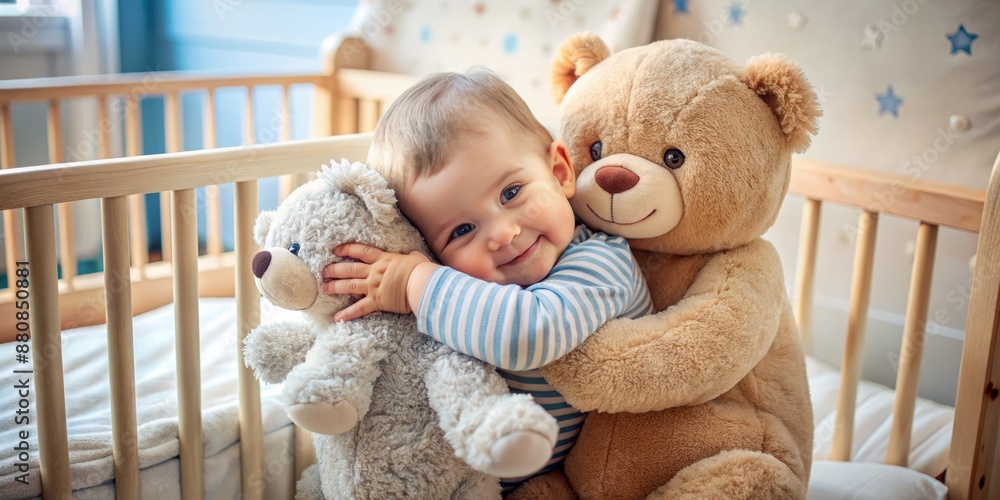 Φωτογραφία Adorable baby boy snugly hugs his oversized plush teddy bear companion while lying in a cozy crib, surrounded by soft toys and gentle bedding