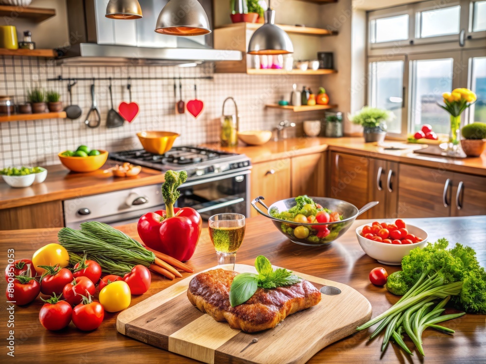 Fresh vegetables, sizzling meat, and savory spices fill the air as a romantic lunch preparation unfolds on a cozy kitchen counter, surrounded by modern appliances. Fresh vegetables, sizzling meat, and savory spices fill the air as a romantic lunch preparation unfolds on a cozy kitchen counter, surrounded by modern appliances.
