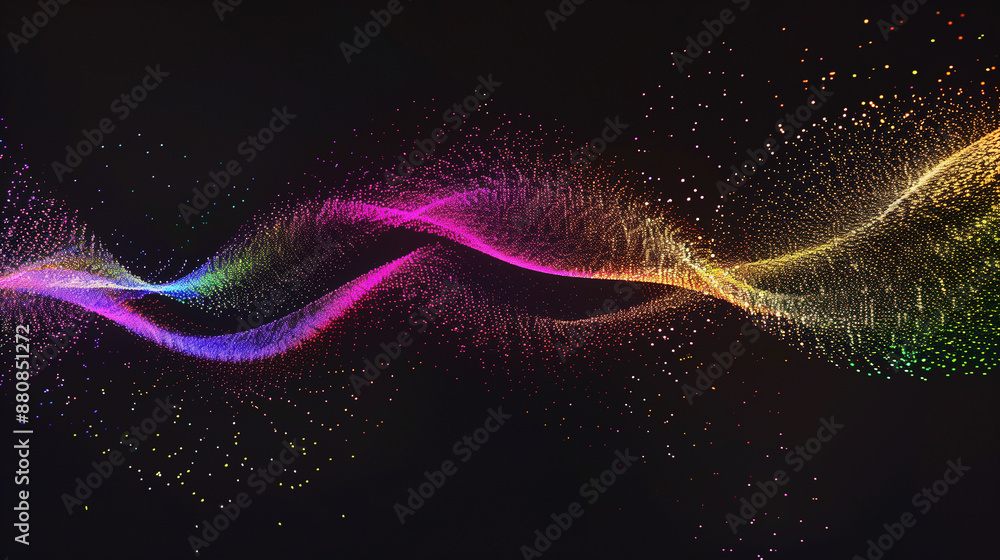 Obraz premium A colorful wave of light is shown on a black background. The colors are vibrant and the wave appears to be moving. Scene is energetic and dynamic