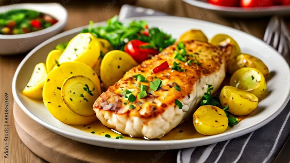 Deliciously grilled fish with roasted vegetables ready to be savored Deliciously grilled fish with roasted vegetables ready to be savored