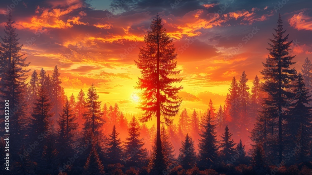 Foggy forest at sunset. 3D rendering illustration. Nature background Foggy forest at sunset. 3D rendering illustration. Nature background