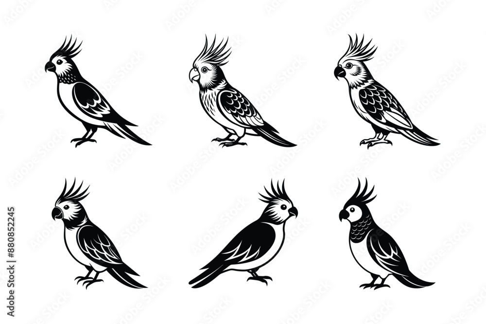 Obraz premium set of Cockatiel Parrots Bird Black Silhouette Bundle - Stunning Vector Illustrations for Nature Lovers, isolated on white