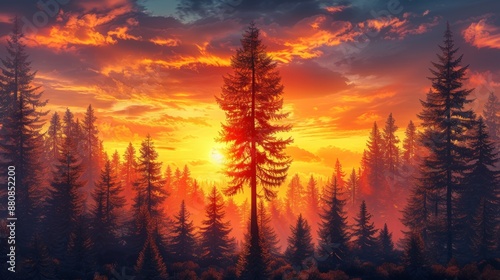 Foggy forest at sunset. 3D rendering illustration. Nature background