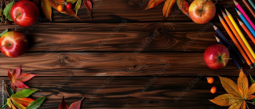 custom made wallpaper toronto digitalAutumn Classroom, Apples and colored pencils on wooden table, Fall decoration