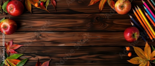 Wallpaper Mural Autumn Classroom, Apples and colored pencils on wooden table, Fall decoration Torontodigital.ca