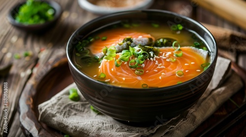 The national cuisine of Japan. Salmon soup.