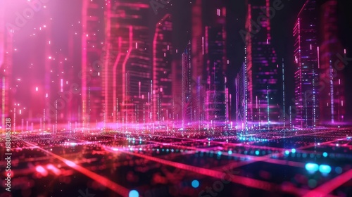 abstract digital cityscape with neon grid lines and glowing data streams geometric shapes pulse with energy creating a dynamic representation of information flow