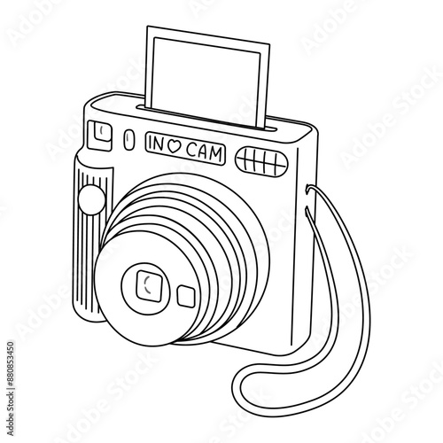 Instant camera device with photo, line art. Photography camera Hand drawn doodle style coloring page. Icon for websites or mobile applications. Flash and lens visible. Vector illustration