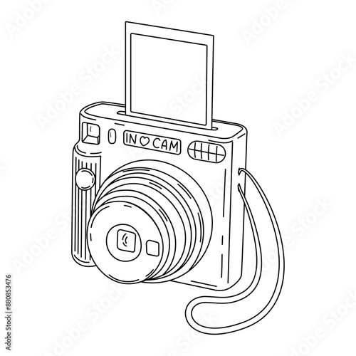 Instant camera device with photo, line art. Photography camera Hand drawn doodle style coloring page. Icon for websites or mobile applications. Flash and lens visible. Vector illustration