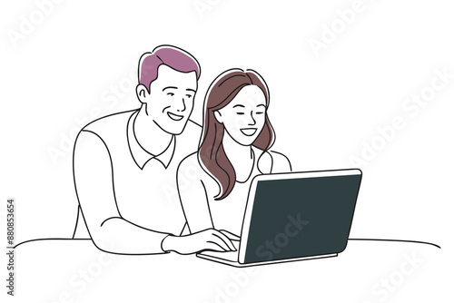 man and woman happily smiling while looking at a laptop screen doodle continuous line art vector illustration on white background © Graphic toons