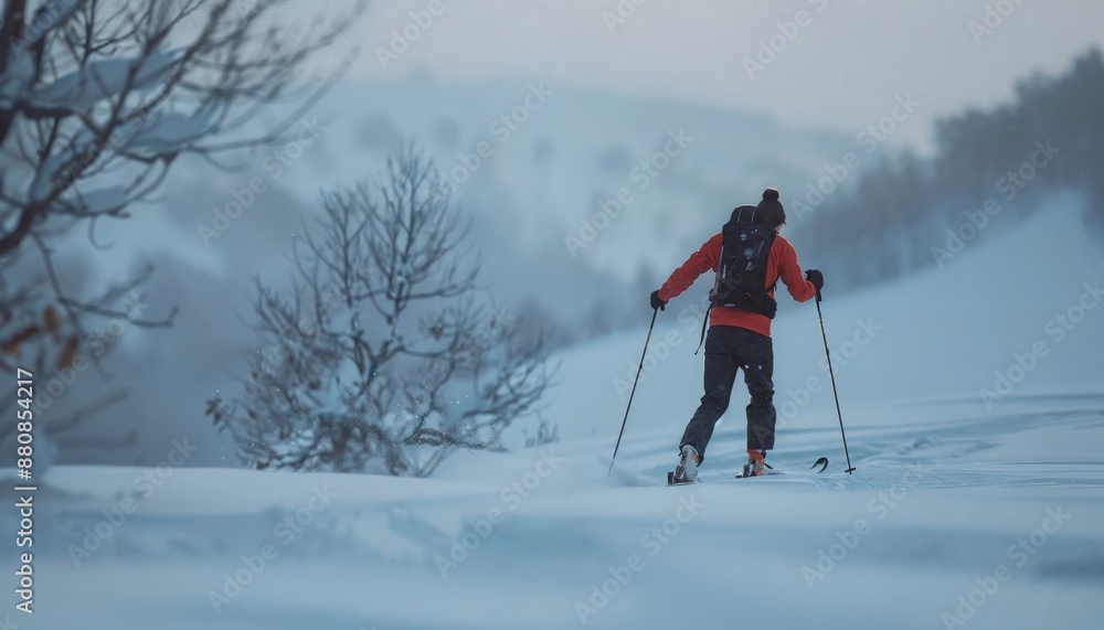 Medium shot of cross-country skier gliding through the snow, their endurance and technique evident in their powerful strides Medium shot of cross-country skier gliding through the snow, their endurance and technique evident in their powerful strides
