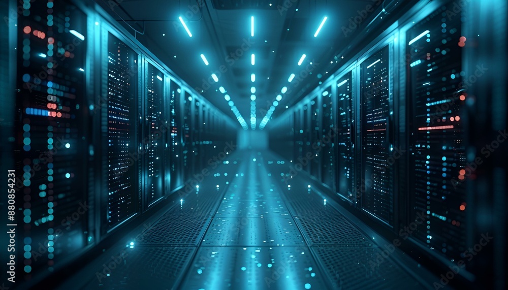 A long hallway filled with rows of servers. A long hallway filled with rows of servers.