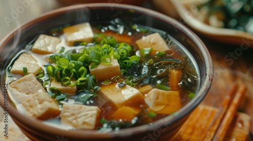 The national cuisine of Japan. Onion miso soup. 