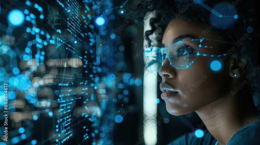 african american female programmer immersed in code futuristic holographic displays dark office with glowing blue accents intense focus and determination african american female programmer immersed in code futuristic holographic displays dark office with glowing blue accents intense focus and determination