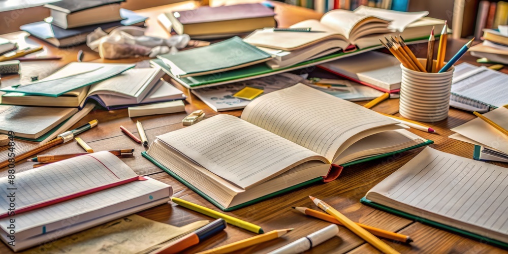 Obraz premium Cluttered desk with open textbooks, scattered notes, and a broken pencil, conveying feelings of exhaustion and disinterest in academic pursuits.