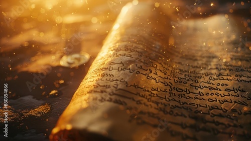 ancient hebrew scroll unfurled on parchment intricate calligraphy visible golden light illuminates the aged text creating an aura of wisdom and history