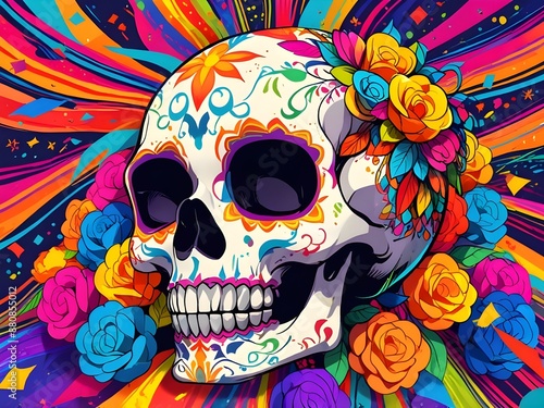 Vibrant Day of the Dead skulls in colorful celebration. Illustration. Generative AI