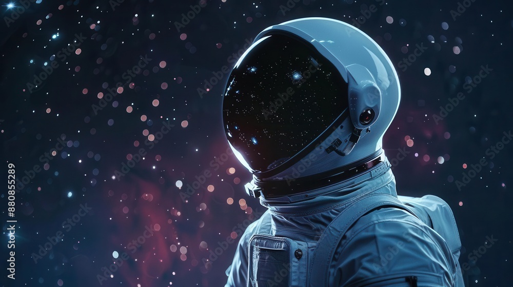 astronaut in sleek futuristic spacesuit side profile against starry void helmet reflects distant galaxies metallic sheen on armor astronaut in sleek futuristic spacesuit side profile against starry void helmet reflects distant galaxies metallic sheen on armor