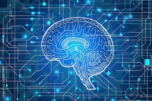 A stylized human brain is depicted in white against a blue circuit board background, representing the intersection of artificial intelligence and human ethics